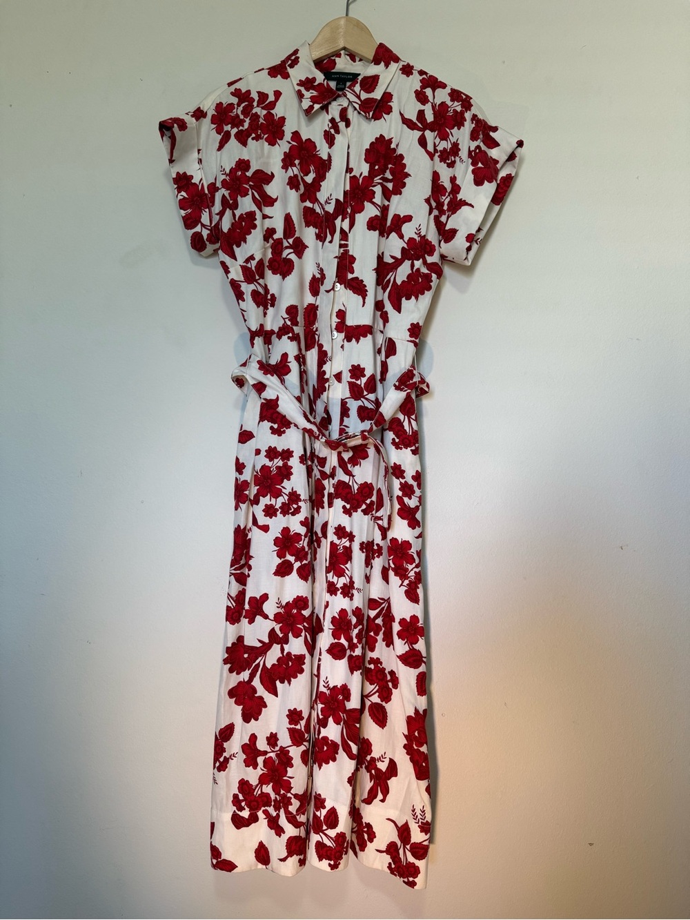 Ann Taylor White Maxi Shirt Dress with Red Floral Pattern